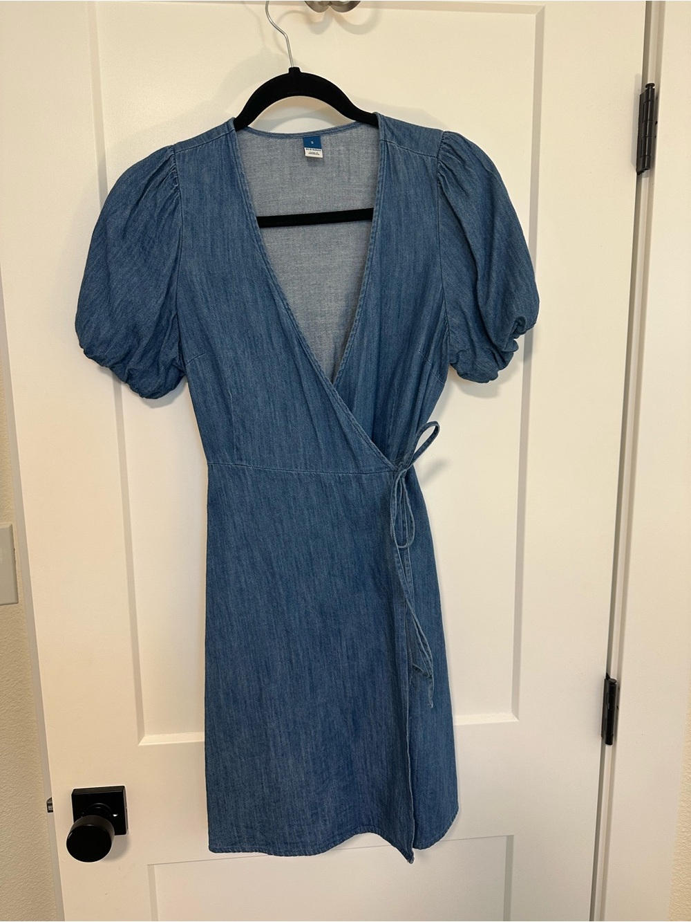 Old Navy Blue Denim Wrap Dress with Puff Sleeves